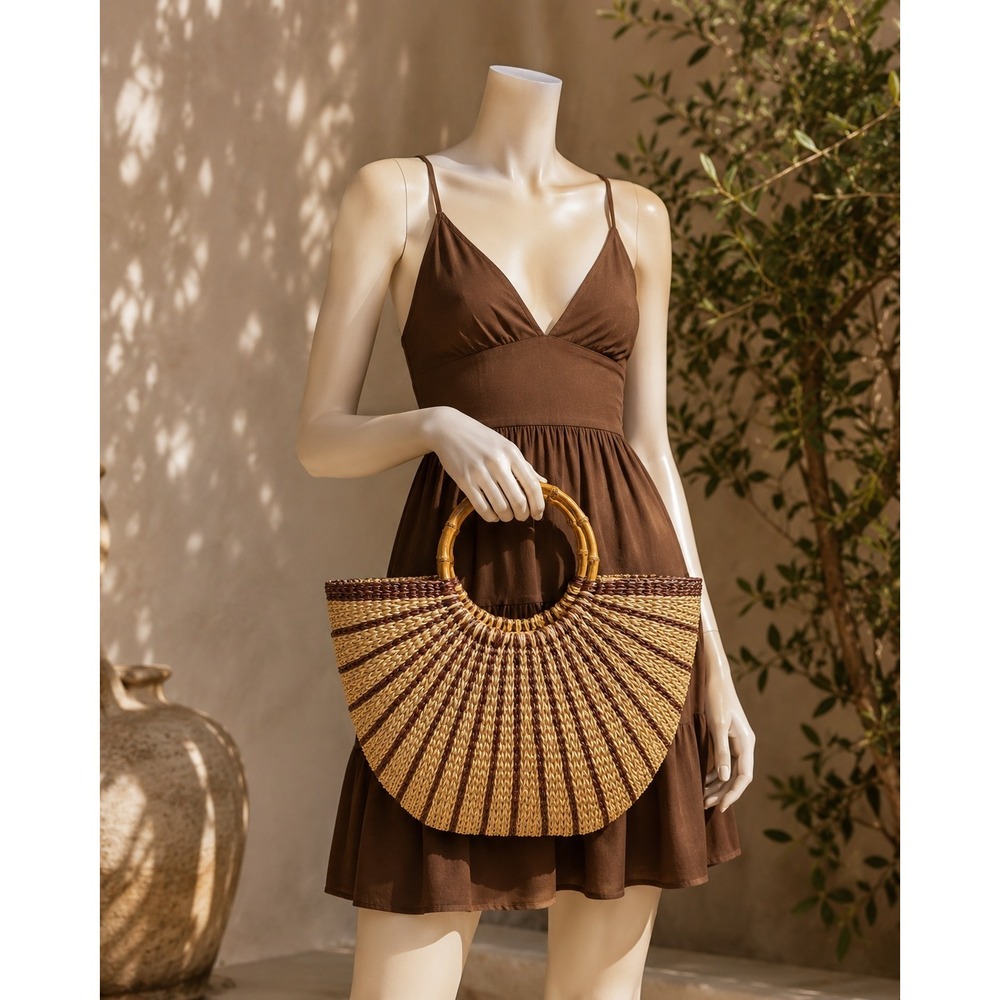 United Colors‎ of Benetton Woven Straw Fan Tote Bag Bamboo Handles Beige Brown